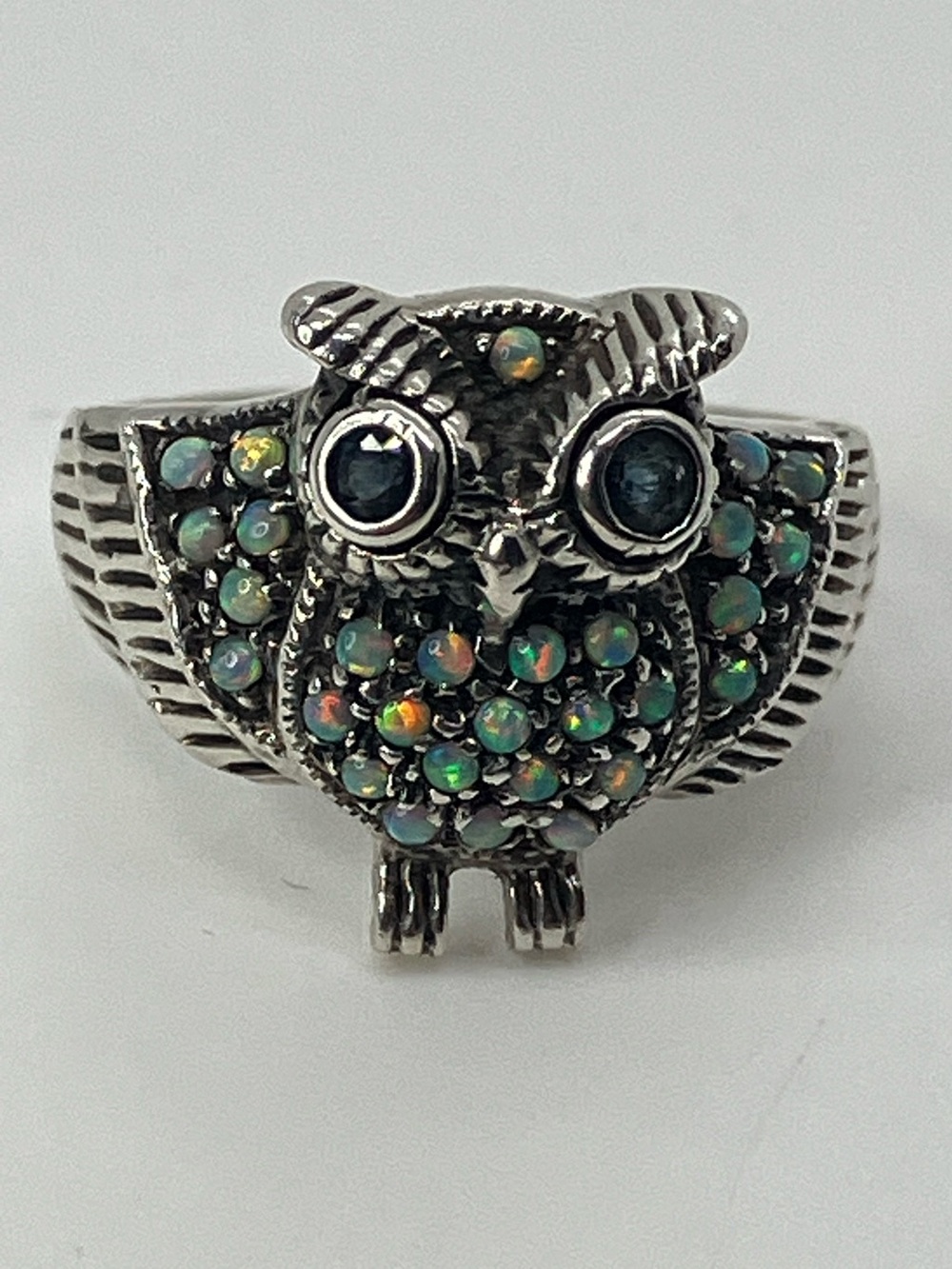Vtg 925 Fire Opal & Sapphire Owl Ring Sterling Silver | Sz 5.75